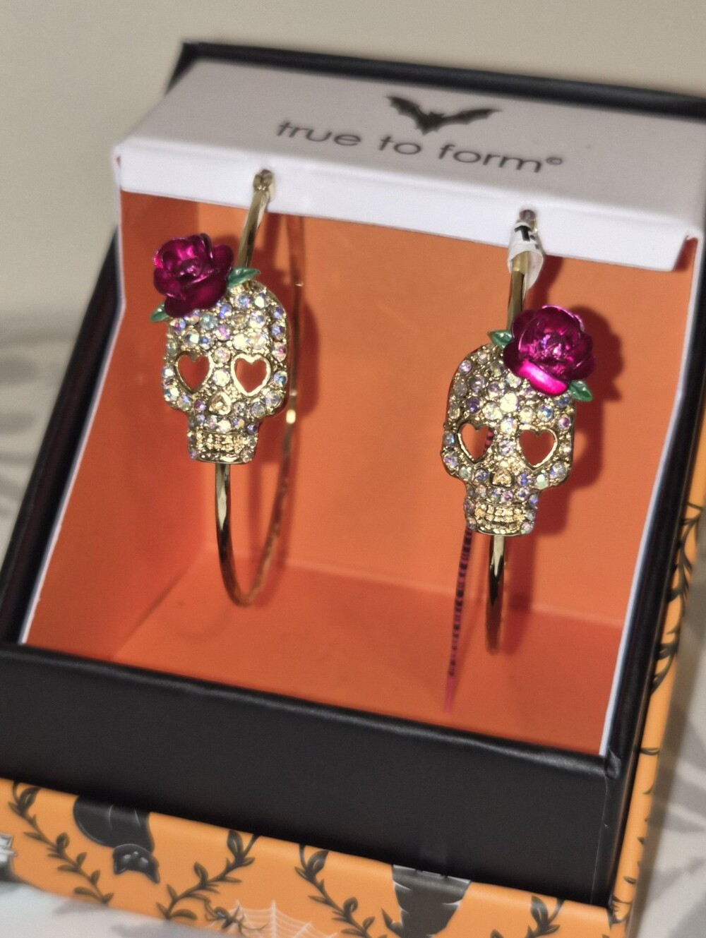 True to Form Sugar Skull Hoop Earrings Gold Pink Crystal NIB